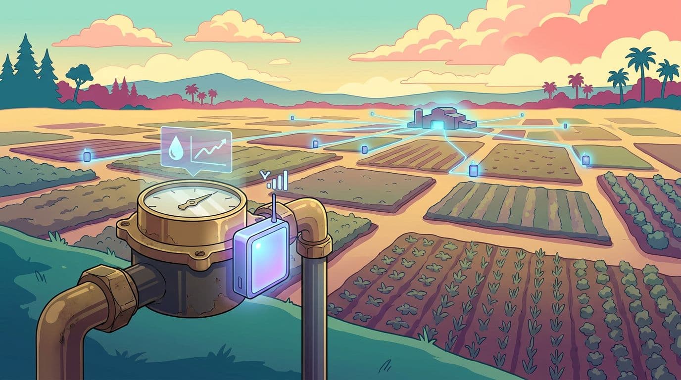 Contador de agua con módulo NB-IoT en la toma de una parcela de una comunidad de regantes, con tomas dispersas conectadas a la cabecera