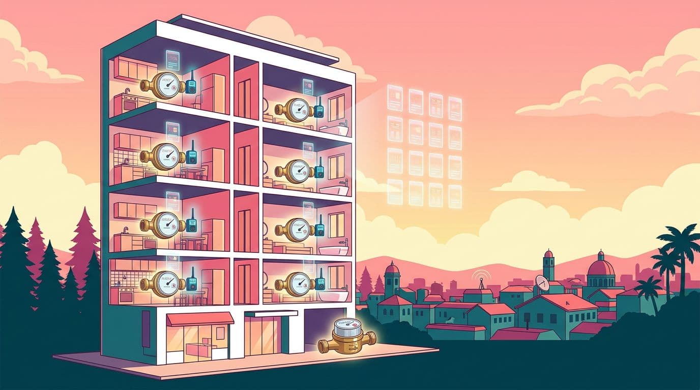 Edificio de viviendas en sección con un contador de agua con telelectura en cada vivienda y local, y el contador general en la entrada