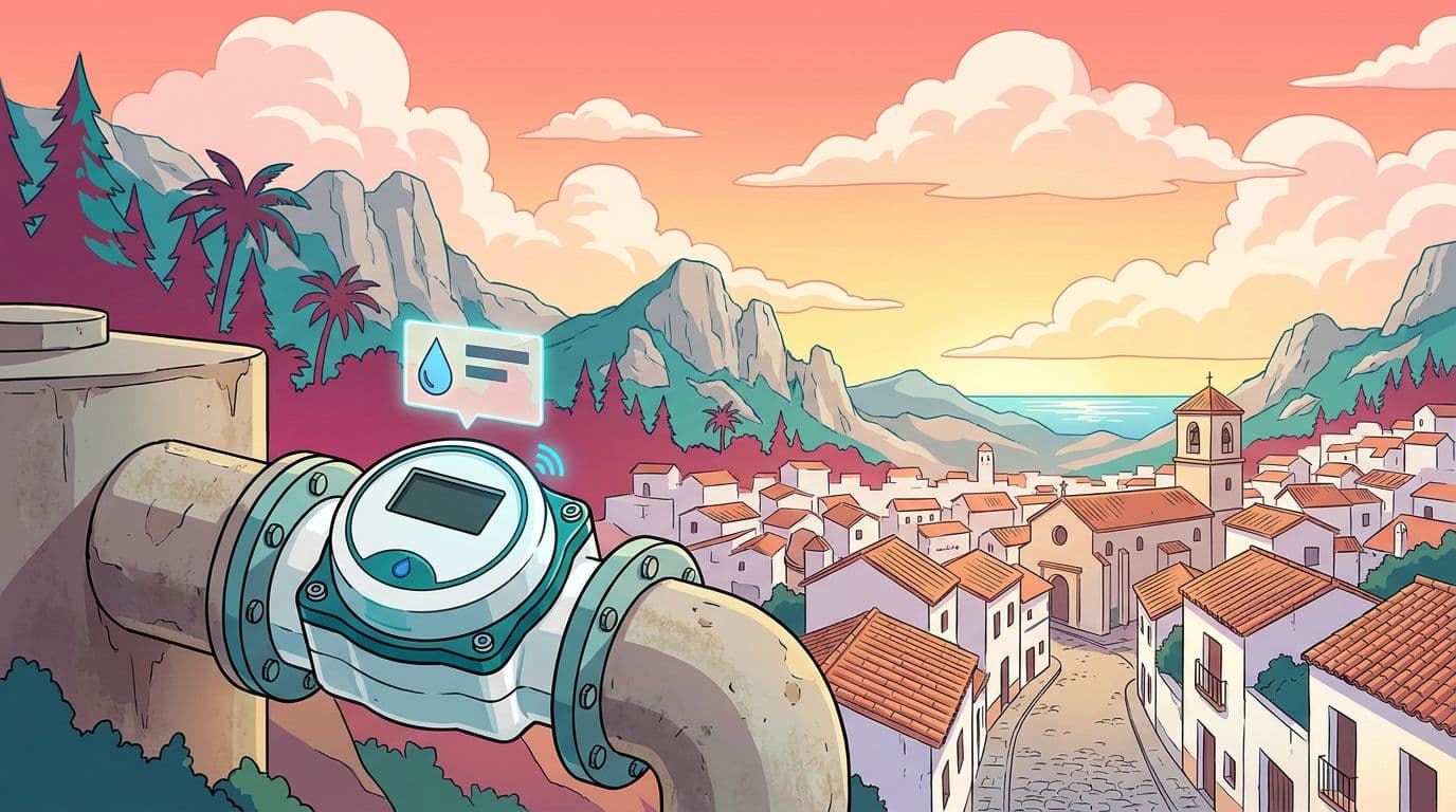 Contador de agua digital con telelectura a la salida de un depósito municipal, sobre un pueblo blanco de la provincia de Málaga
