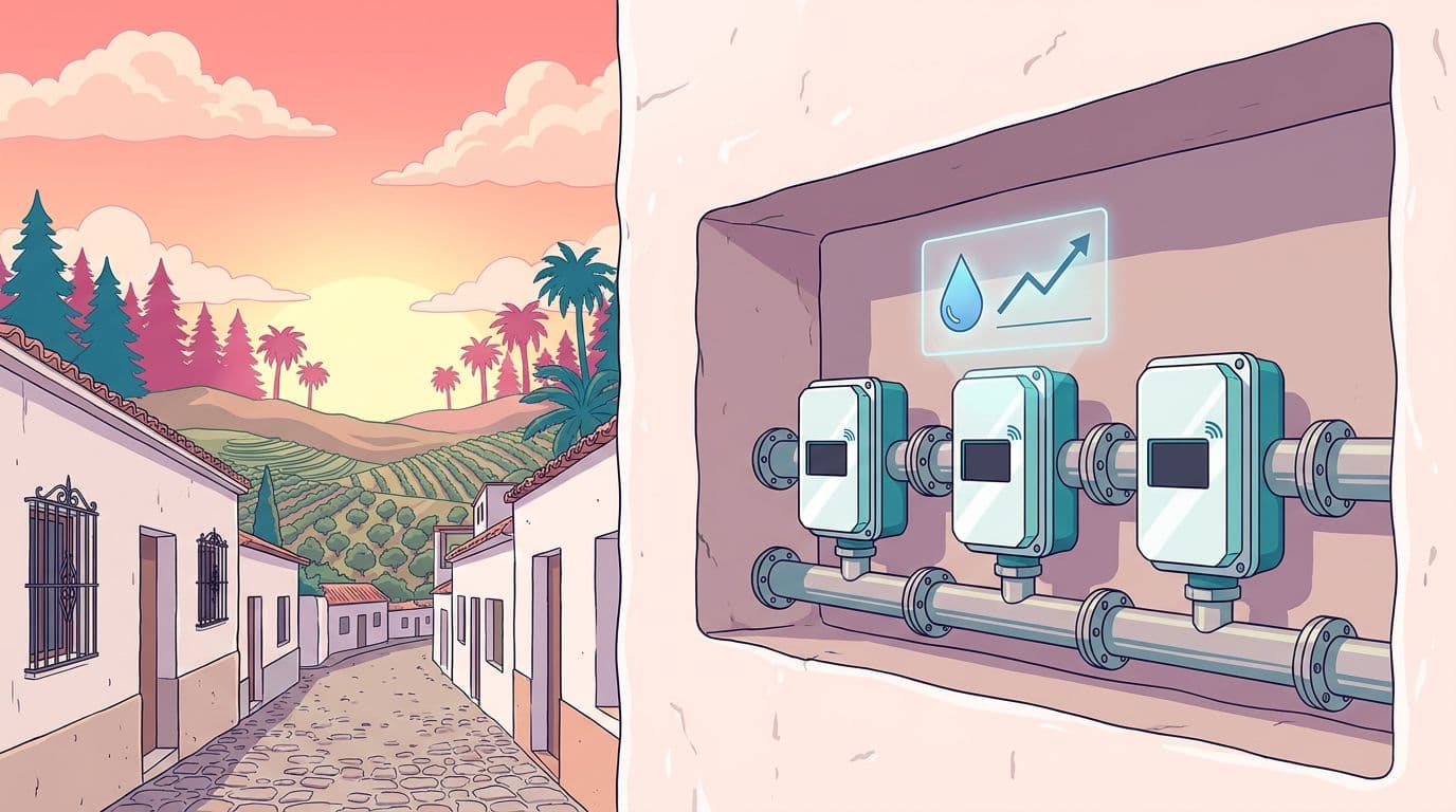 Contadores de agua digitales con telelectura en el armario de fachada de un pueblo andaluz, con olivares al fondo