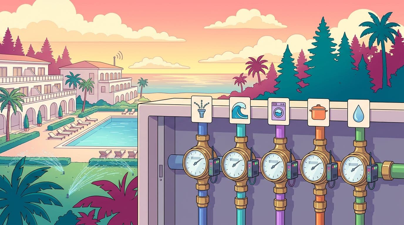 Colector de contadores de agua con telelectura por zonas en un hotel: jardines, piscina, lavandería, cocina y contador general