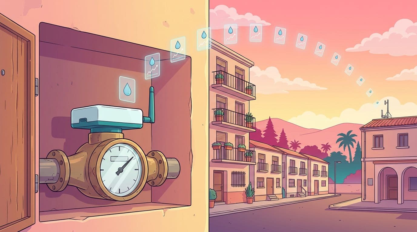 Contador de agua con módulo de radio en el nicho de la entrada de un edificio de viviendas, enviando una lectura cada día por encima de las calles del pueblo