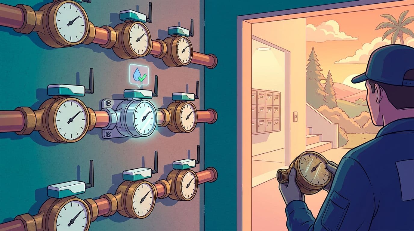Fontanero sustituyendo un contador de agua antiguo en la batería de contadores de un edificio, con el contador nuevo ya montado y su módulo de radio