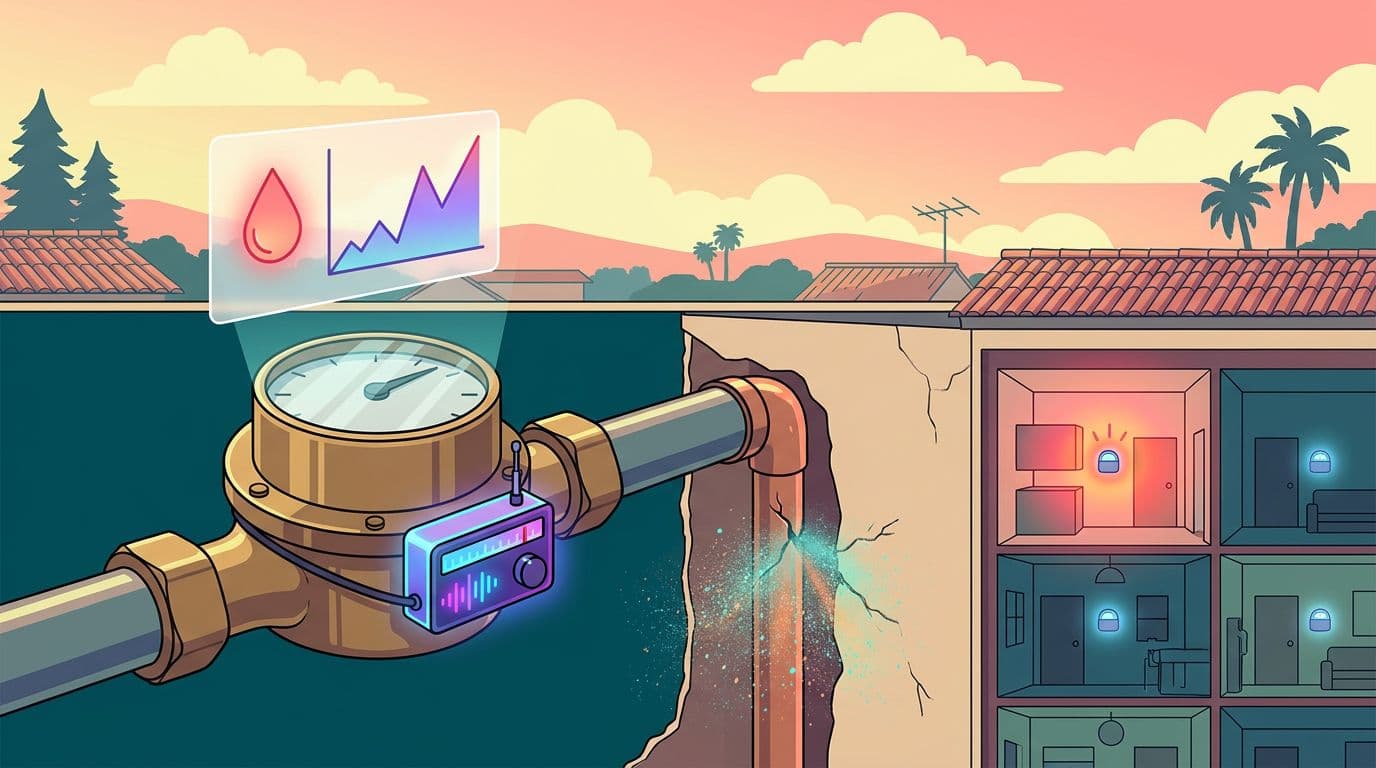 Remote-read water meter detecting a consumption spike caused by a burst pipe inside the wall of an apartment building